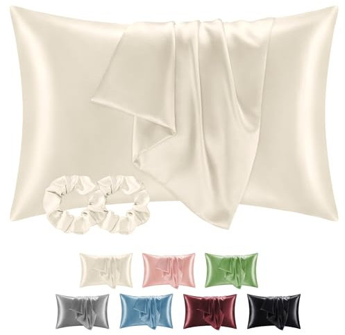 BEDELITE Satin Kissenbezug 50x80 Beige - Kopfkissenbezug 2er Set Weich wie Seidenkissenbezug 50 x 80 Sommer mit 2 Haargummis für Haar und Haut, Similar to Silk Pillowcase Pillow Cover