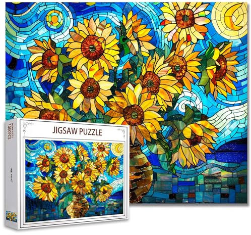 Tucocoo Sonnenblumen-Puzzles für Erwachsene, 1000 Teile, Buntglas, Van Gogh-Stil, Kunstwerk-Puzzle, 70 x 50 cm, Bunte Puzzles für Heimdekoration, Familienpuzzle, perfekt für Spieleabende