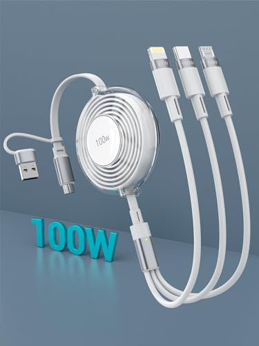 100W Retractable Charging Cable, 3 in 2 6A Multi Charger Cable [1.2M/LED indicator] Fast Charging Cable with USB Type C Micro Lightning Cable Connector for Mobile Phones, Laptops, PS5, Switch, etc.