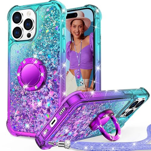 Unlicaku for iPhone 15 Pro Case with Stand, Sparkle Glitter Case with Ring and Lanyard, Women Girls Luxury Cute Bling Diamond Protective Phone Cover for iPhone 15 Pro, Purple