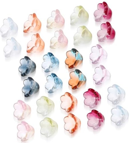 100pcs Glass Bell Flower Beads Rainbow Mix Glass Flower Beads for Jewelry Making,Gradient Clear Cute Small Bead for Bracelets Making DIY Necklace Decoration Gifts
