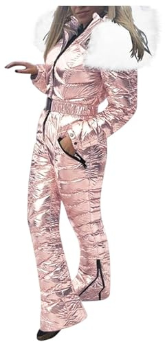 Tuta da sci da donna, rosa, da neve, impermeabile, monopezzo, con cintura, invernale, calda, per snowboard, outdoor, tuta lunga con cappuccio, chiusura lampo, tuta da sci, Colore: rosa., L