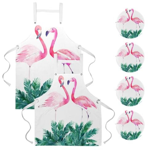 VAPOKF Paquete de 2 delantales de cocina, delantal de camarera para cocinar, hornear, limpieza del hogar, restaurante, trabajo, bistró, bar, con 4 broches de solapa, pareja de flamencos rosas,