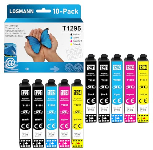 LOSMANN T1295 Druckerpatronen Kompatibel für Epson T1291 T1292 T1293 T1294 Multipack für Workforce WF-3520 WF-3540 WF-7525 WF-7515 Stylus SX235W SX425W SX435W SX445W SX535WD BX630FW (10er-Pack)