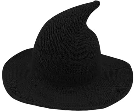 Meleager Hexenhut Damen, Witch Hat, Spitzes Hexen Hut Schwarz, Zauberhut Erwachsene, Breite Krempe Strickmütze als Hexe Kostüm Accessoire für Halloween, Karneval, Kostümpartys