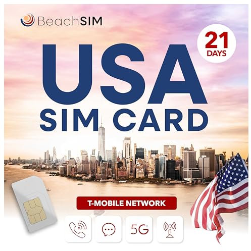 BeachSIM Prepaid USA SIM-Karte 21 Tage. Unbegrenzte 5G-Daten, Anrufe und SMS. T-Mobile-Netz. iOS & Android kompatibel.