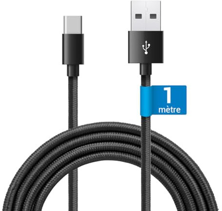 Waytex Câble USB C 3.1 vers USB pour Chargeur et Données, Longueur 1,00 m, Fiche type C Mâle, Fiche type A Mâle, Gaine Nylon anti-rupture Noir pour Iphone, Ipad, Samsung et tout appareil avec prise C