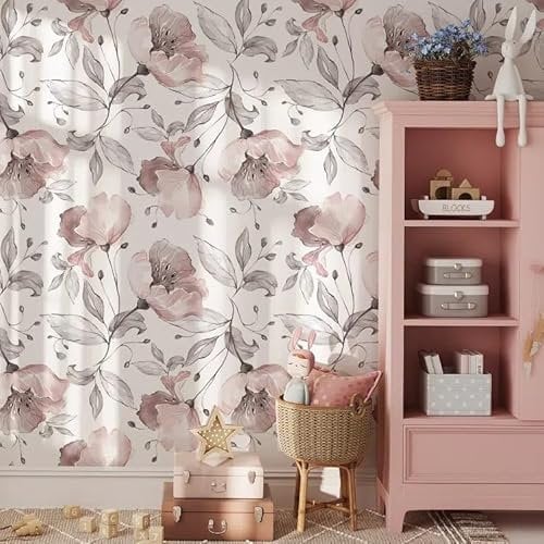Magnolia Theme Wall Wallpaper, Pink Gray Floral Pattern, Decorative for Kids Room