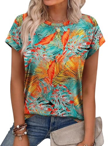 Aokosor Womens Summer Tops Floral Printed Short Capsleeve Shirts Crew Neck Casual Short Sleeve Blue Clothes Tops Size 6-8 for UK