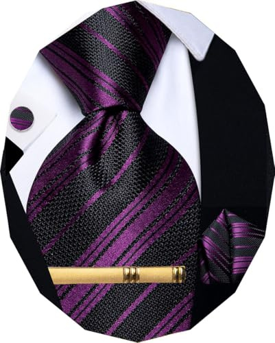 YourTies Black Purple Tie for Men Striped Silk Necktie Pocket Square Cufflink Tie Clip Set Wedding Party Business Formal