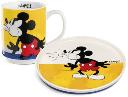 Egan Beilagenteller + stapelbares Tassen-Set – Mickey & Minnie Mouse I AM Collection | Neues Knochenporzellan | Spülmaschinen- und mikrowellengeeignet | Frühstückskaffee & Snack-Set | Geschenk für