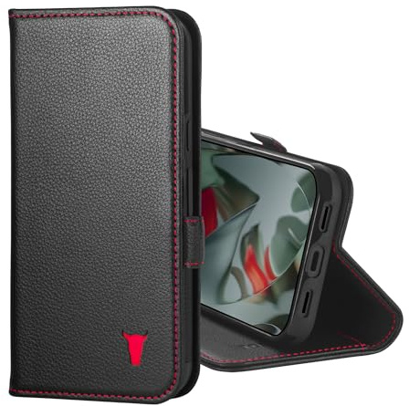 TORRO Leather Case Compatible with Google Pixel 10 / Pixel 10 Pro 6.3” 2025 – Premium Leather Wallet Case with Kickstand and Card Slots (Black with Red Detail)