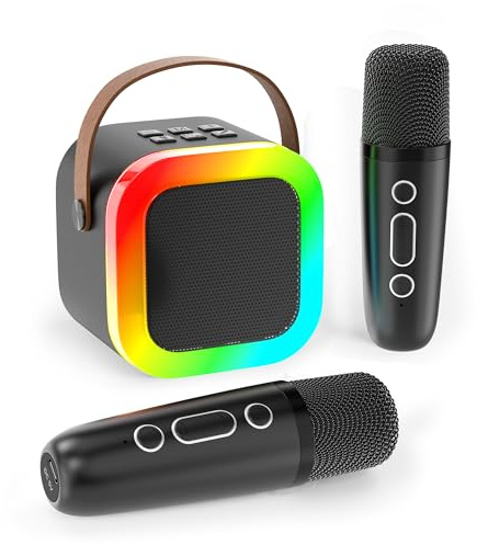 Koolcover Mini máquina de Karaoke para niños y Adultos, Altavoz Bluetooth portátil con 2 micrófonos inalámbricos, Juguetes de Regalo de cumpleaños para niñas de 8, 9, 10, 11, 12 años o más (Negro)