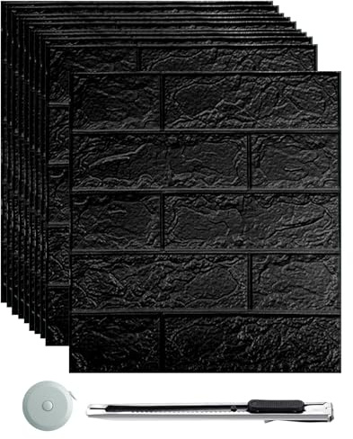mymai 3D Tapete Wandpaneele Selbstklebend,10 Stück Ziegel Tapete,Steinoptik Tapete Wasserdicht Wandaufkleber, 35×38.5cm Wandtapete Schaumstoff,für Küche Wohnzimmer Schlafzimmer Kinderzimmer (Schwarz)