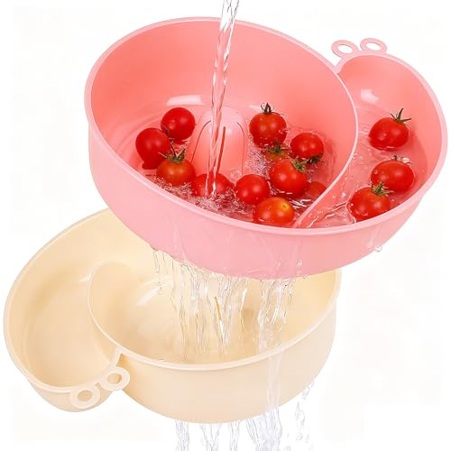 Forma a lumaca, scolapasta automatica per frutta e verdura, ciotola multifunzione con scarico, ciotola per insalata portatile per sciacquare, set da 2 (rosa, bianco))
