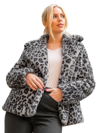 Roman Originals Women Faux Fur Coat - Ladies Jackets Teddy Bear Plush Casual Soft Fluffy Textured Oversized Warm Cosy Autumn Winter Flattering - Animal Leopard Grey - Size 10