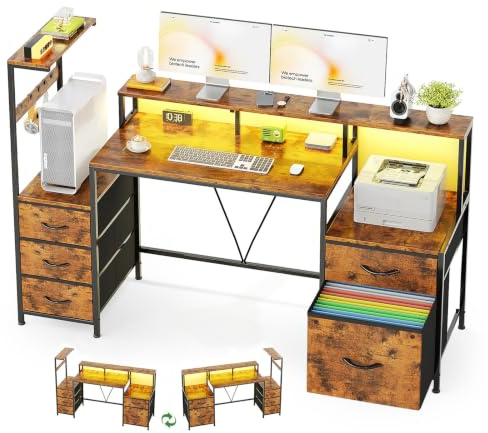 MUTUN 160cm Computer Desk with Printer Stand and Storage Shelves, Reversible Home Office Desk with Fabric Drawers and Monitor Shelf, Writing Work Desk for Bedroom Living Room Study, Brown