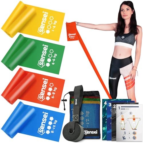 SENSEI® Bandes Élastiques Fitness & Bandes de Résistance (200 cm) – Bandes de Gymnastique Extra Longues en 100% Latex Naturel – Idéal pour Physiothérapie, Pilates, Yoga & Musculation – Inclus E-Book