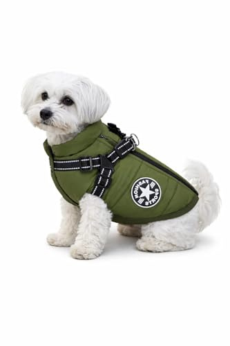 Wasserfester Hundemantel Extreme wasserdichte Winter Hundejacke mit Reflektoren, Ärmelose gefütterte Weste, Integriertes Geschirr, Perfekt für kalte Tage (Grün Gr. L)