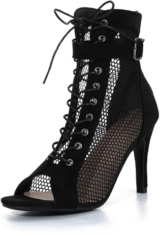EVEOUT Women's Mesh Sandals High Heel Peep Toe High Top Lace Up Summer Sexy Boots Buckle Strap Party Shoes