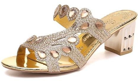 Sandales romaines d'été 2026 pour femme avec lanières en strass - Talon moyen - Chaussures à enfiler - Chaussures de plage confortables pour les loisirs, les fêtes en plein air, les mariages