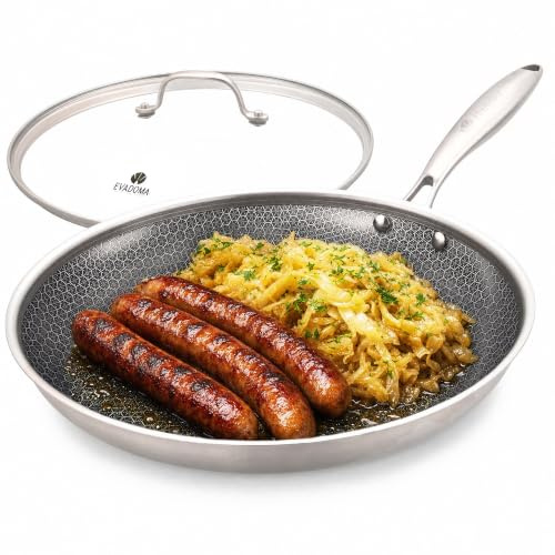 EVADOMA Padella in acciaio inox da 28 cm con coperchio in vetro, padella rivestita a nido d'ape, per tutti i tipi di piani cottura, inclusa induzione, padella antiaderente priva di PFOA, adatta per