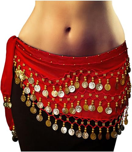 MyBeautyworld24 PRECORN Belly Dance Bauchtanz Hüfttuch Kostüm 128 goldfarbenen Münzen Münzgürtel Fasching Karneval Tanzaufführung Gürtel in rot/Marke