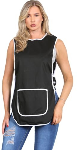 MyShoeStore Ladies Womens Tabard Home Work Kitchen Cleaning Chef Catering Cleaners Workwear Overall Piping Edge Tabbard Apron With Large Pocket Side Button Fastening Plus Big Size (Black, WX)
