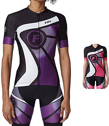 FDX Women’s Cycling Jersey - Breathable, Lightweight, Quick Dry Short Sleeve Cycle Tops - Full Zipper Bicycle Shirt with 4 Pockets, Running, MTB Racing, Ladies Outdoor Sports Clothes (Purple, X-Large)