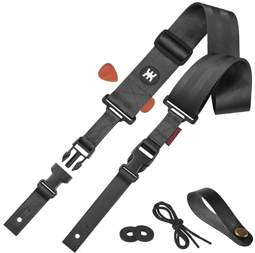 AMUMU Nylon Gitarrengurt, 2 Breite Guitar Strap mit Schnellverschluss-Schnalle & Premium Leder Enden, Verstellbare Länge 40 bis 64 für E-Gitarre, Akustikgitarre & Bass, mit Gurtblöcken & Kopfplatte