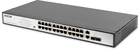 DIGITUS Fast Ethernet PoE+ Netzwerk-Switch - 19 Zoll - 24 Ports + 2x Uplink SFP/RJ45 - IEEE802.3af/at - 370W Power-Budget - Schwarz