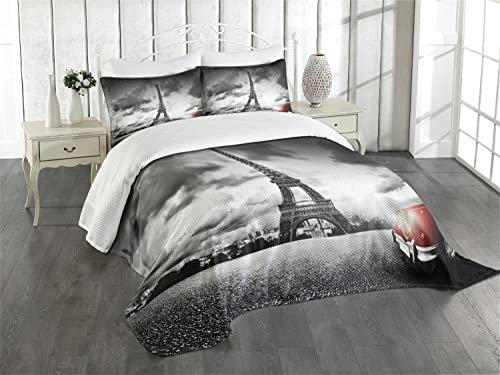 ABAKUHAUS Autos Tagesdecke Set, Eiffelturm wolkigen Tag, Set mit Kissenbezügen Feste Farben, für Doppelbetten 264 x 220 cm, Grau Rot