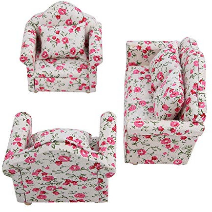 Puppenhaus Sofa, 1/12 Skala Puppenhaus Zubehör Blumenmuster Mini Möbel Sofa Set mit Rückenkissen( #2)