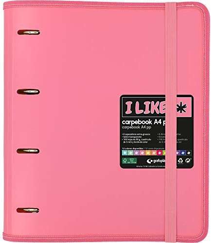 Grafoplás 88100553. Carpeta 4 Anillas Troqueladas, A4, Rosa Claro, Recambio Hojas, 6 Separadores y Sobre Transparente, Carpebook Like