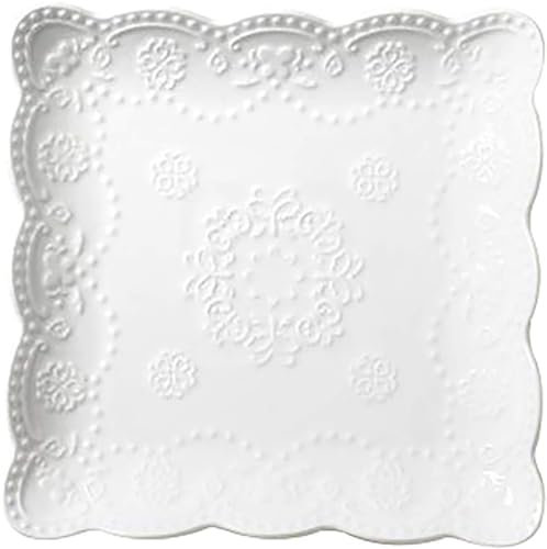 YBK Tech Elegant Square Embossed Lace Plate, Ceramic Serving Plate for Breakfast Afternoon Tea (White, 6-inch)