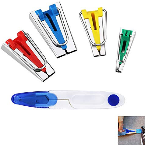 Schrägbandformer Set, Bias Tape Maker, Schrägband Werkzeug Set für Aufbügelbares Schrägband 6mm, 12mm, 18mm und 25mm mit Nähschere, Nähen Zubehöre Handbuch DIY Patchwork Kit