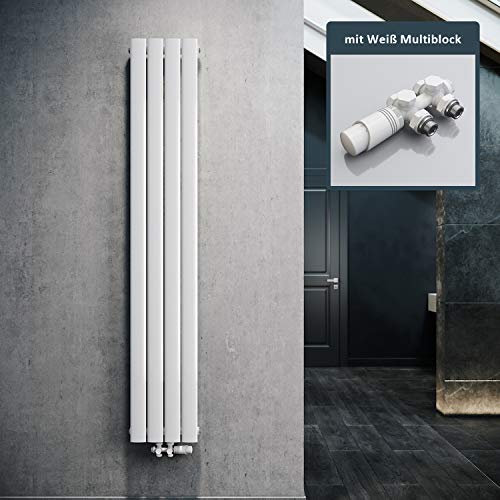 ELEGANT Design Heizkörper Flach 1800x308mm mit Weiß Multiblock Thermostat Flachheizkörper Weiß Einlagig Vertikal Heizkörper Mittelanschluss