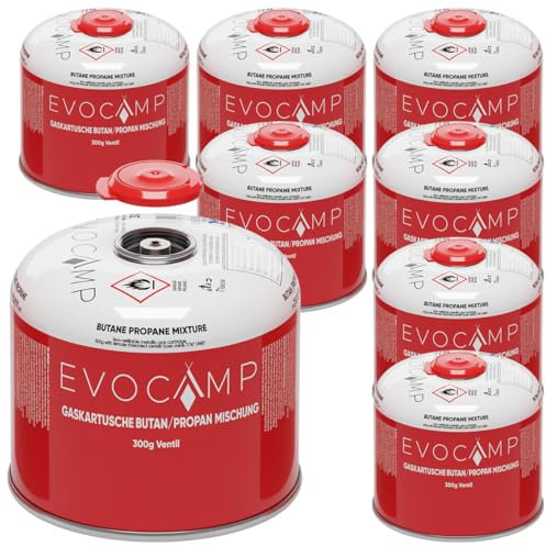 EVOCAMP 8X Propan Butan Gaskartuschen 300g, Schraubventil Eurogewinde 7/16, Ventilkartuschen 539ml mit Sicherheits-Verschlussautomatik, Gaskartuschen einsetzbar für Weber Grills Q100/1200-Serien