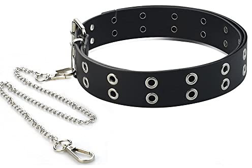 DURANTEY Doppelloch Nietengürtel mit Kette Punk Gürtel aus PU-Leder Gürtel Teenager Mädchen Schwarz Nietengürtel Damen 3.8 * 110CM Hip Hop/Doppelloch Gürtel für Jeans, Lederhosen Punk Nietengürtel