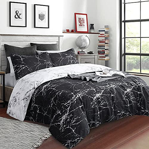 Sedefen Housse de Couette 220x240cm + 2 x Taies d'oreiller 65x65cm - Marbre Noir et Blanc Réversible Parure de lit 2 Personne Adulte avec Fermeture Éclair