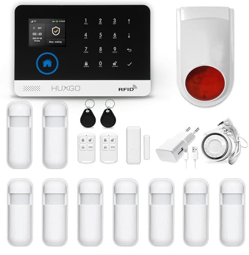 HUXGO, HXA003, Sistema de Alarma inalámbrico con 9 detectores de Movimiento y Segunda Sirena inalámbrica, Módulos: WiFi + gsm 4G, aplicación Tuya Smart, SMS, Control Desde el teléfono, Espańol