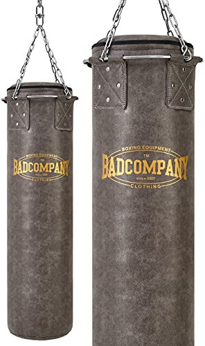 Bad Company Vintage Boxsack inkl. Heavy Duty Vierpunkt-Stahlkette und Metallring I Kunstleder Punching Bag ungefüllt 120 x 35 cm