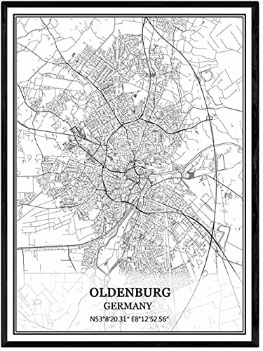 YMXCNM Leinwand Bilder, Oldenburg Deutschland Karte Poster Drucke Kunstwerk Ungerahmte Bilder Moderne Schwarz-Weiß-Gemälde Souvenir Geschenk Home Decor,30X40Cm / 11.81X15.74 In