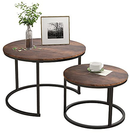 HOJINLINERO Black Round Coffee Table Set of 2 Side Table for Living Room,Industrial Stacking End Tables,Wood Look Accent Furniture with Metal Frame for Bedroom Decorations