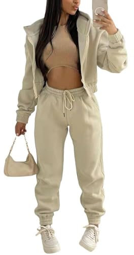 Onsoyours 3 Stücke Damen Sportanzüge Jogginganzug Sport Sets Yoga Outfit Freizeitanzug Sportswear Langarm Kapuzenjacke + Crop Top + Jogginghose mit Taschen Khaki M