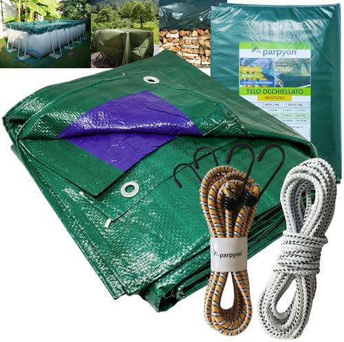 Parpyon® Telo impermeabile esterno Rinforzato da 100gr/mq telo copritutto telone occhiellato ombreggiante per gazebo piscina campeggio mobili giardino (100Gr, 3x5)