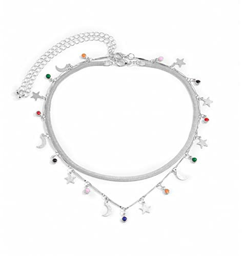 Skcess Kette Gold Schlange, Lange Perlenkette Boho Silber Vergoldet Stern Mond Schlangenkette Geburtstagsgeschenk Frauen Halskette