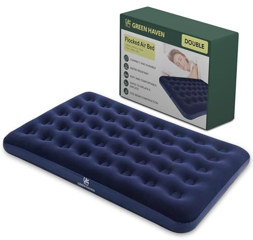 Green Haven Double Blow Up Airbed – Inflatable Waterproof Mattress for 2 – Comfortable Flocked Air Bed for Camping, Festivals & Guests – Lightweight & Easy to Store