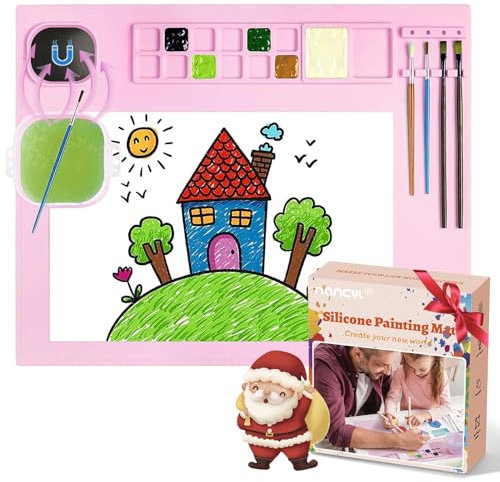 Silicone Painting Mat, Art Mat with Cup, Craft Paint Brush Cleaner Tool, Artist for Kids Gift Clay DIY Creations, Christmas Gifts Box (Pink)