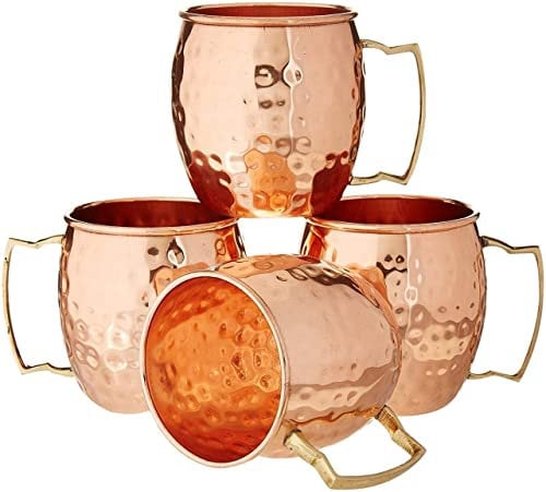 PR International Copper Moscow Mule Mugs Set of 4 Steel Copper Hammered Look Moscow Mule Mug 18oz Perfect for Any Chilled Beverage